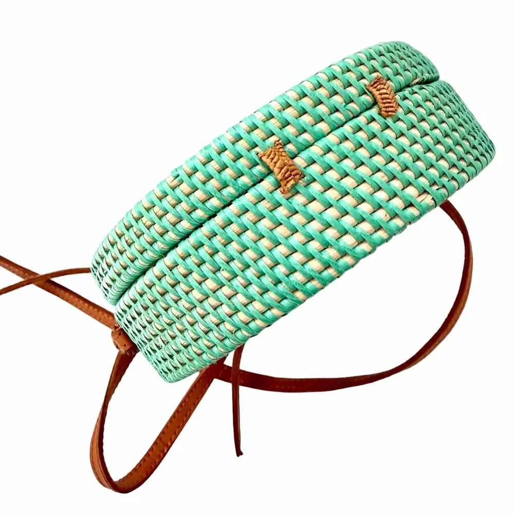 POPPY & SAGE Camilla Aqua Turquoise Woven Rattan Circle Crossbody Handmade NEW